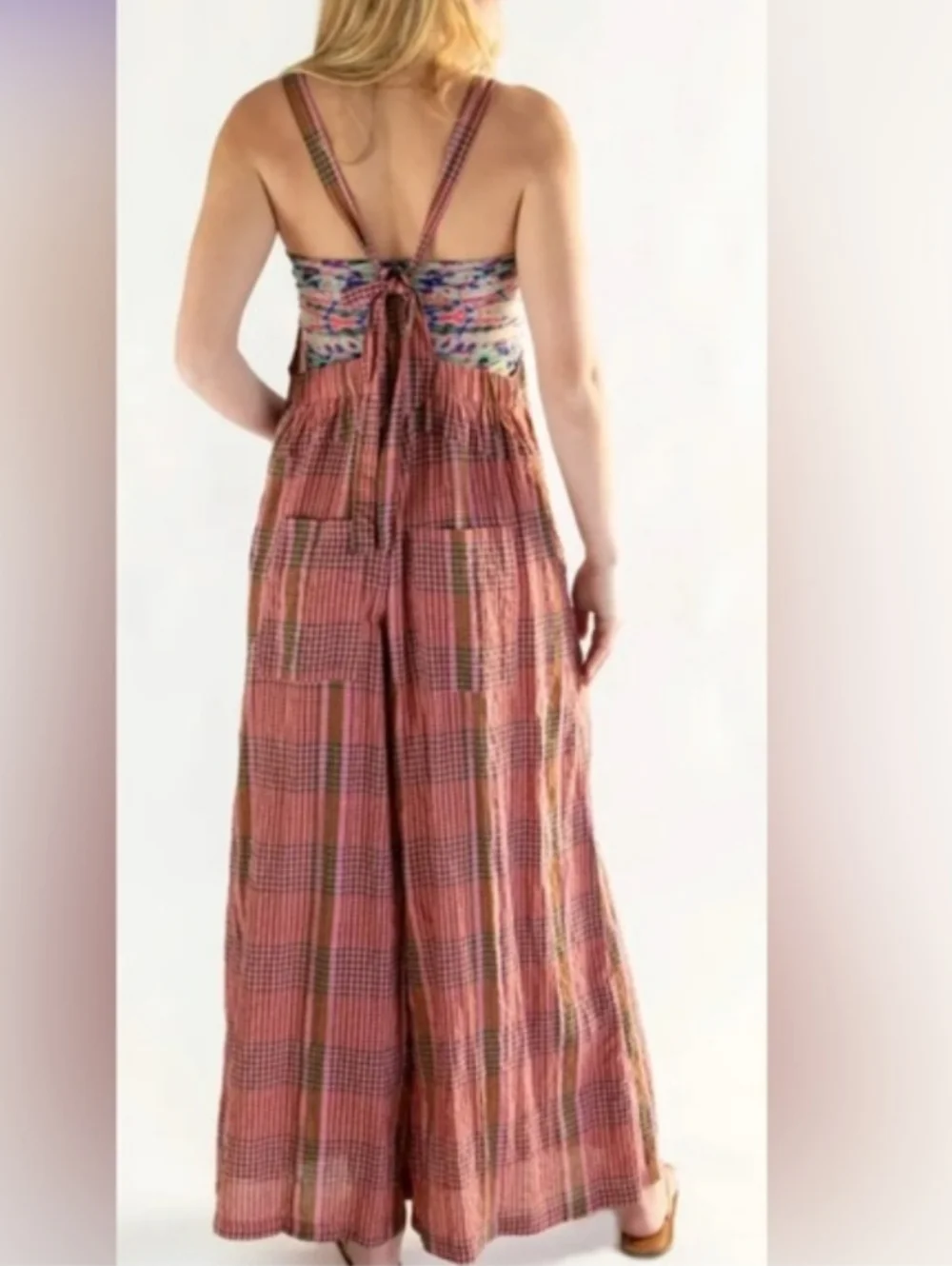 Natural Life Dakota Plaid Tie Overalls in Pink Plaid - Picture 2 of 5